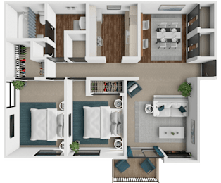 A top-down view of a modern apartment layout with a kitchen, living room, and bedroom.