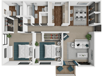 A 3D floor plan of a house with a kitchen, living room, and bathroom.