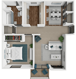 A top-down view of a modern apartment layout with a kitchen, living room, dining area, and a potted plant.