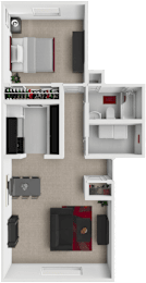 A floor plan of a small apartment with a kitchen, living room, and bathroom.