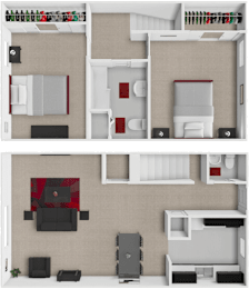 A 3D floor plan of a house with a kitchen, living room, and bathroom.