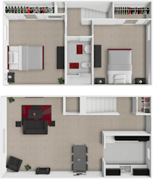 A top-down view of a small apartment with a kitchen, living room, and bedroom.