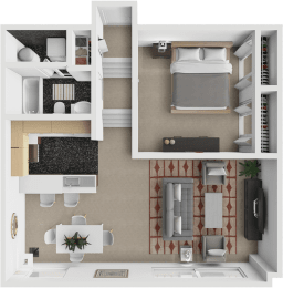 a 3d rendering of a bedroom with a bathroom and a living room