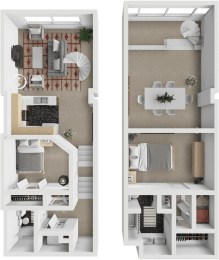 two layouts of a house with a living room and a dining room