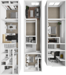 a 3d rendering of a 3 bedroom house with a balcony and a living room