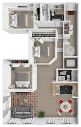 A top-down view of a small apartment with a living room, kitchen, and bathroom.