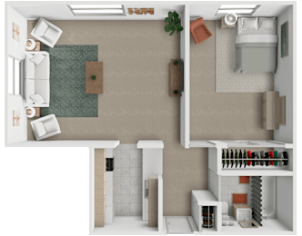 A 1 bed 1 bath 3D floor plan at Westview Apartments
