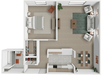 A 1 bed 1 bath 3D floor plan at Westview Apartments