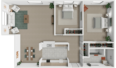 A 2 bed 1 bath 3D floor plan at Westview Apartments