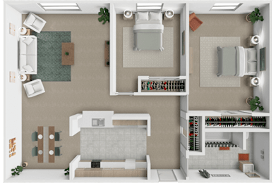 A 2 bed 1 bath 3D floor plan at Westview Apartments
