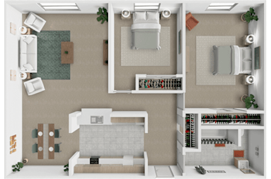 A 2 bed 1 bath 3D floor plan at Westview Apartments