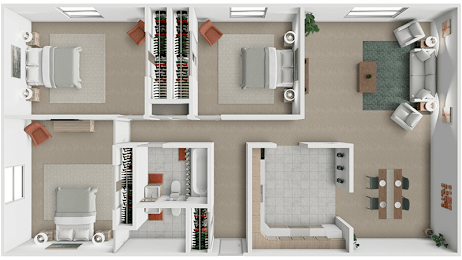 A 3 bed 1.5 bath 3D floor plan at Westview Apartments