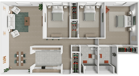 A 3 bed 2 bath 3D floor plan at Westview Apartments