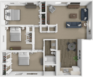 3 bed 1.5 bath Frankland floor plan at Williamsburg Way Apartments