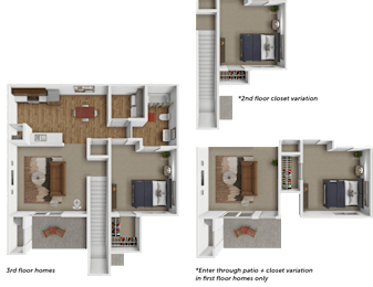 A diagram shows three different floor plans for homes with variations in the second floor closets.