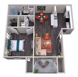 A top-down view of a small apartment with a bedroom, living room, kitchen, and bathroom.