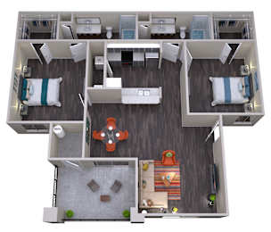 A top-down view of a house layout with a central living area, two bedrooms, a kitchen, and a bathroom.