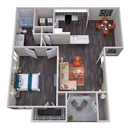A top down view of a small apartment with a bedroom, living room, kitchen, and bathroom.