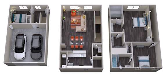 Three different layouts of a bedroom with a carpeted floor and a bed with a pillow.