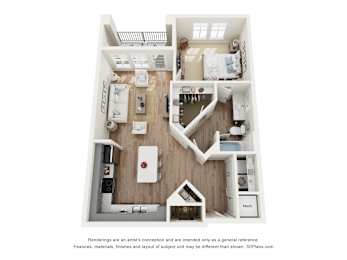 A 3D floorplan of an apartment at The Lofts at Seacrest Beach.