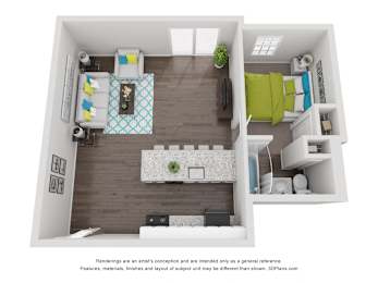 A 3D floor plan of a small apartment with a kitchen, living room, and bedroom.