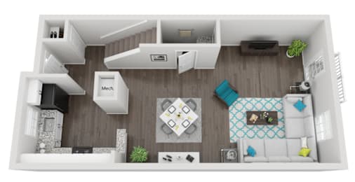A top-down view of a modern apartment with a kitchen, living room, and bedroom.