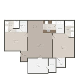 A floor plan of a house with a living room, two bedrooms, a bathroom, a kitchen, a dining area, a laundry room, a patio, and storage space.