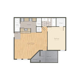 A floor plan of a house with a bedroom, living room, kitchen, pantry, and storage.