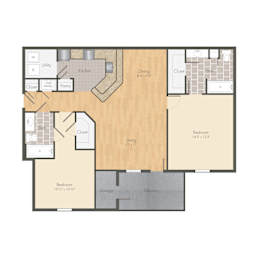 A floor plan of a house with a kitchen, dining room, living room, and two bedrooms.