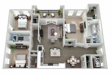 A top-down view of a house layout with a central living area, bedrooms, and a kitchen.
