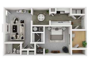 A 3D floor plan of a small apartment with a kitchen, living room, and bedroom.