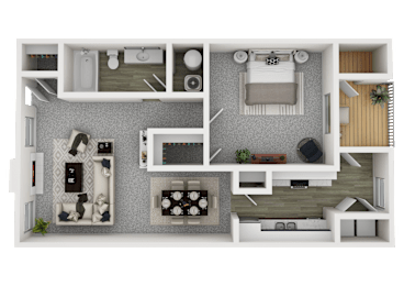 A 3D rendered image of a modern apartment layout.