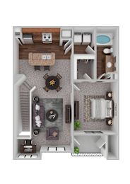 A floor plan of a small apartment with a kitchen, living room, and bathroom.