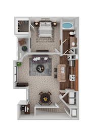A top-down view of a small apartment with a living room, kitchen, and bathroom.
