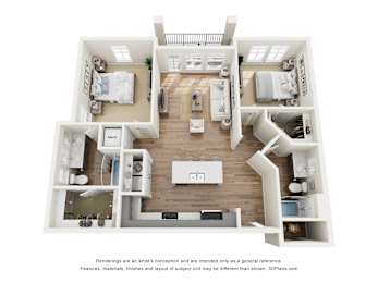 A 3D floor plan of an apartment at Lofts at Seacrest Beach.