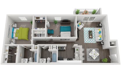 A 3D floor plan of a small apartment with a kitchen, living room, and bathroom.
