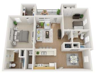 A 3D floor plan of a house with multiple rooms and furniture.