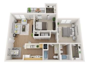 A 3D floor plan of a small apartment with a kitchen, living room, and bathroom.