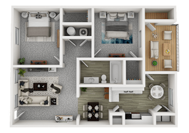 A 3D floor plan of a small apartment with a kitchen, living room, and bedroom.