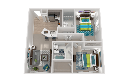 A 3D floor plan of a small apartment with a kitchen, living room, and bedrooms.