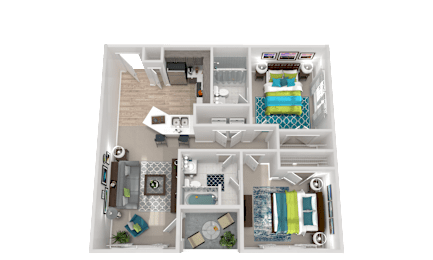 A 3D floor plan of a house with a kitchen, living room, and bathroom.