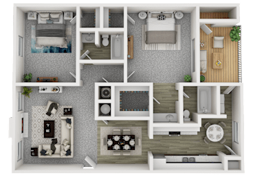 A 3D floor plan of a small apartment with a kitchen, living room, and bathroom.