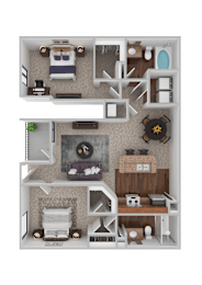 A top-down view of a small apartment with a bedroom, living room, and kitchen.