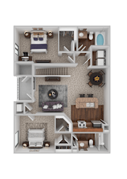 A 3D rendered image of a dollhouse interior.