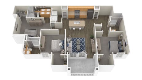a 3d drawing of a floor plan with bedrooms and a living room