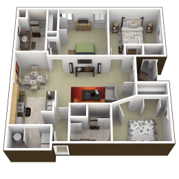 a 3d rendering of a floor plan with bedrooms and a living room