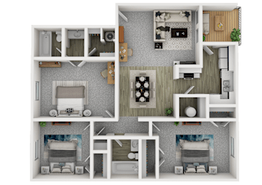 A 3D floor plan of a house with a kitchen, living room, and two bedrooms.