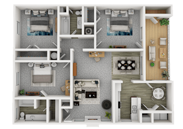 A 3D floor plan of a small apartment with two bedrooms, a living room, a kitchen, and a bathroom.