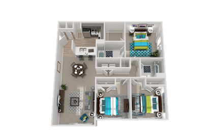 A 3D model of a house layout with a living room, kitchen, and two bedrooms.