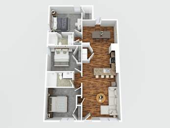 A top down view of a house layout with a kitchen, living room, and bathrooms.